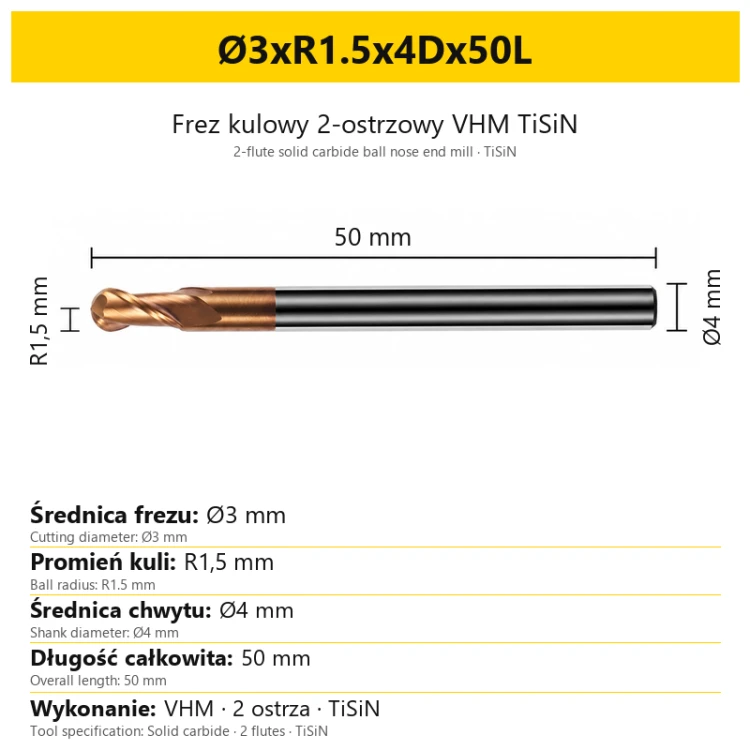 TiSiN carbide ball nose end mill Ø3xR1.5x4Dx50L