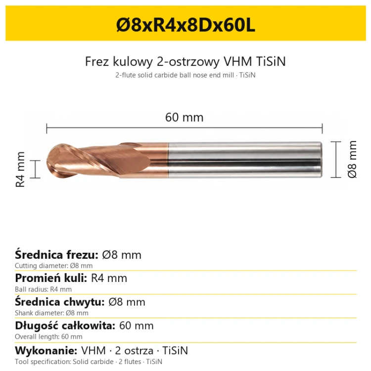 TiSiN carbide ball nose end mill Ø8xR4x8Dx60L