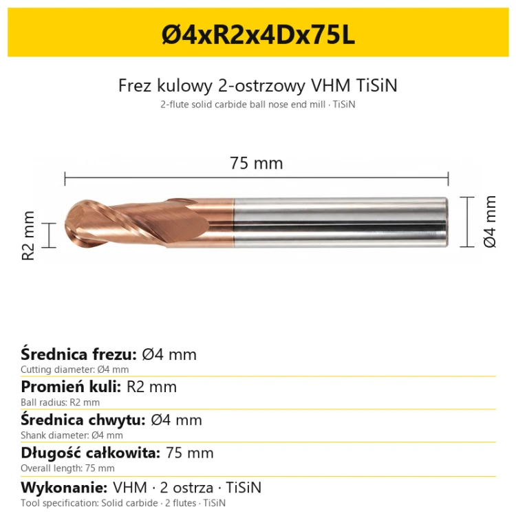TiSiN carbide ball nose end mill Ø4xR2x4Dx75L