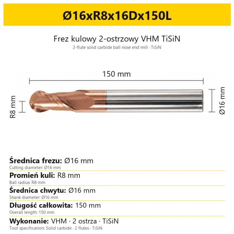 TiSiN carbide ball nose end mill Ø16xR8x16Dx150L