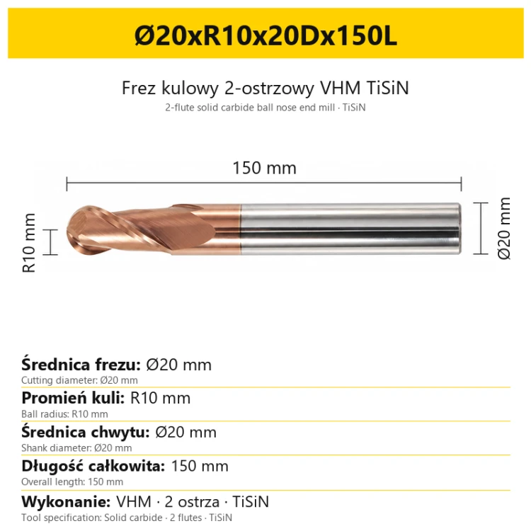 TiSiN carbide ball nose end mill Ø20xR10x20Dx150L