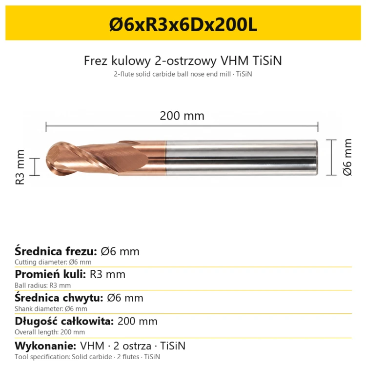 TiSiN carbide ball nose end mill Ø6xR3x6Dx200L