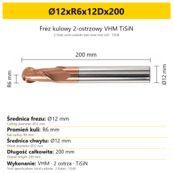 TiSiN carbide ball nose end mill Ø12xR6x12Dx200