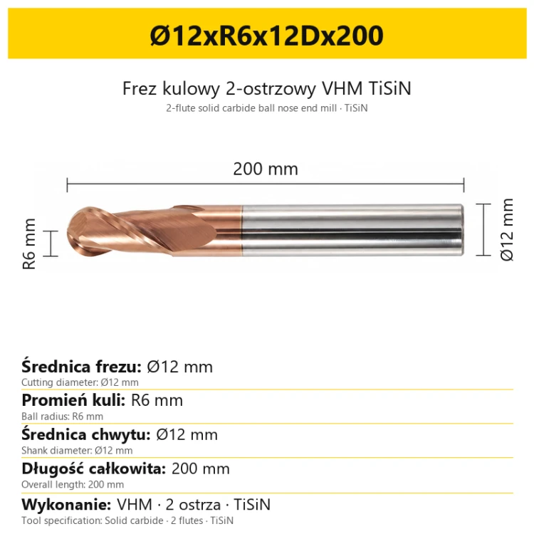 TiSiN carbide ball nose end mill Ø12xR6x12Dx200