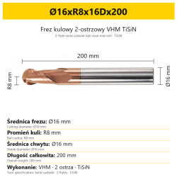 TiSiN carbide ball nose end mill Ø16xR8x16Dx200