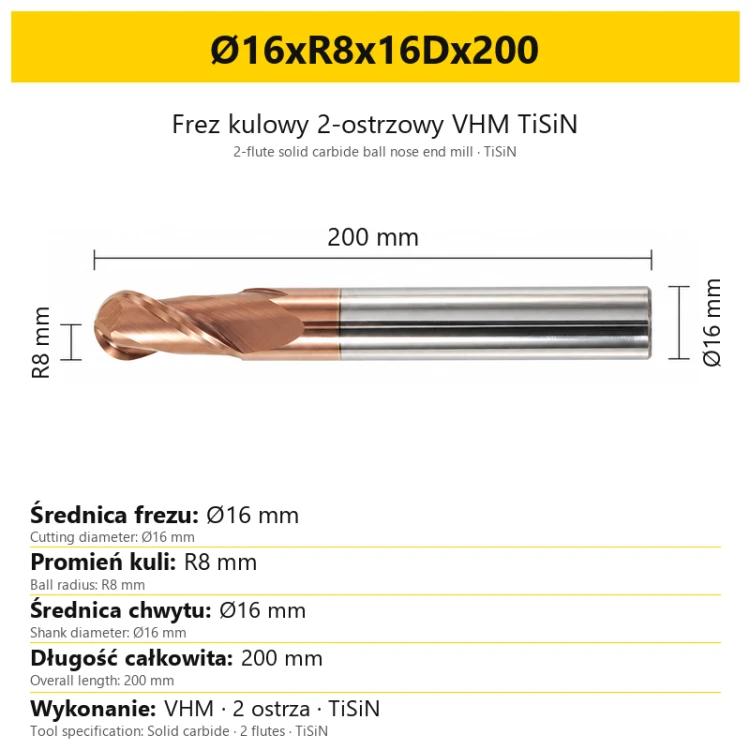 TiSiN carbide ball nose end mill Ø16xR8x16Dx200