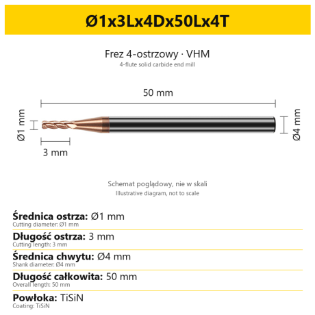 Przejdź do produktu Frez 4-ostrzowy TiSiN, VHM, małe rozmiary Ø1.0 - Ø3.0
