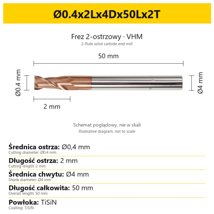 2-flute VHM TiSiN end mill Ø0.4x2Lx4Dx50Lx2T