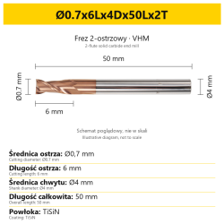 2-flute VHM TiSiN end mill Ø0.7x6Lx4Dx50Lx2T
