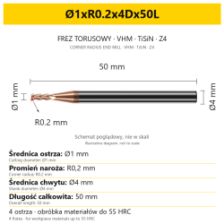 Frez torusowy VHM TiSiN Z4 Ø1xR0.2x4Dx50L — wymiary wariantu