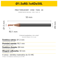 Frez torusowy VHM TiSiN Z4 Ø1.5xR0.1x4Dx50L — wymiary wariantu