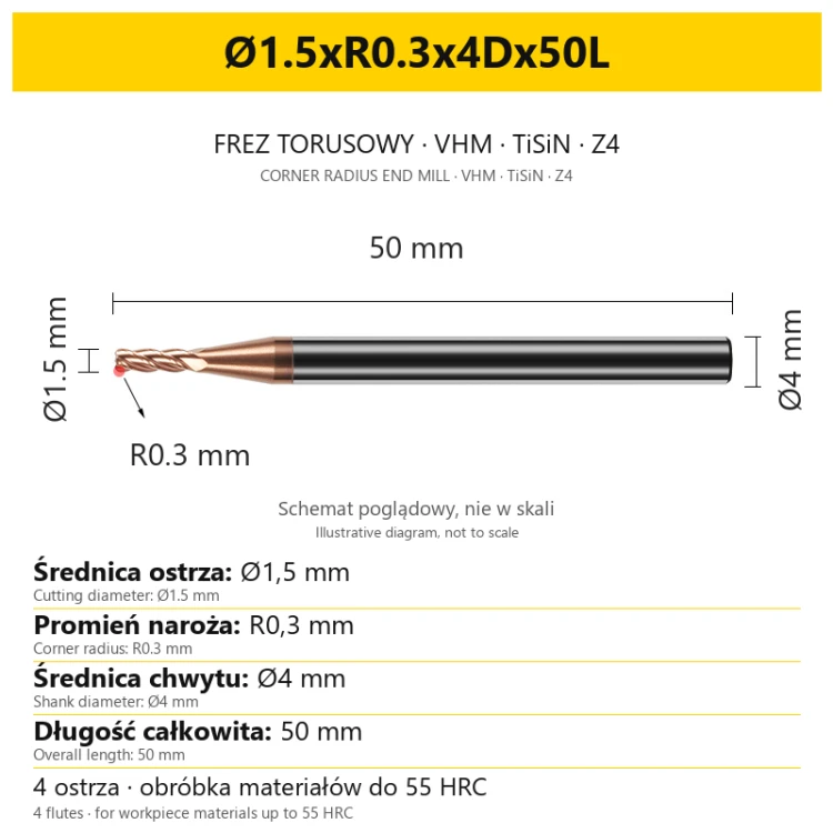 Frez torusowy VHM TiSiN Z4 Ø1.5xR0.3x4Dx50L — wymiary wariantu
