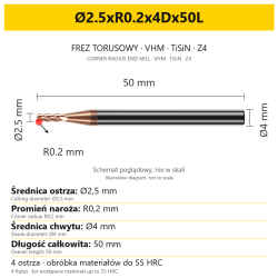 VHM TiSiN Z4 corner radius end mill Ø2.5xR0.2x4Dx50L — variant dimensions