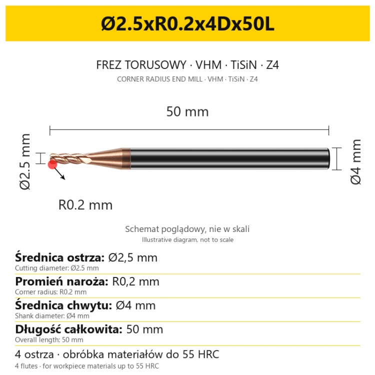 Frez torusowy VHM TiSiN Z4 Ø2.5xR0.2x4Dx50L — wymiary wariantu
