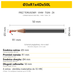 Frez torusowy VHM TiSiN Z4 Ø3xR1x4Dx50L — wymiary wariantu