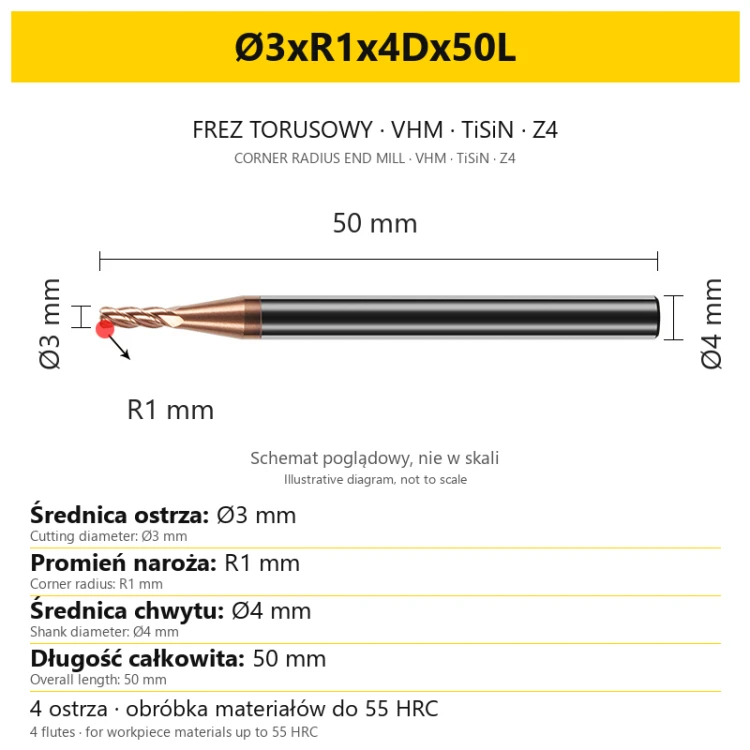 Frez torusowy VHM TiSiN Z4 Ø3xR1x4Dx50L — wymiary wariantu