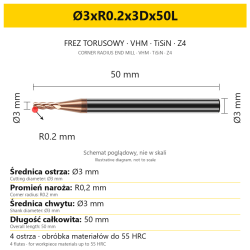 Frez torusowy VHM TiSiN Z4 Ø3xR0.2x3Dx50L — wymiary wariantu