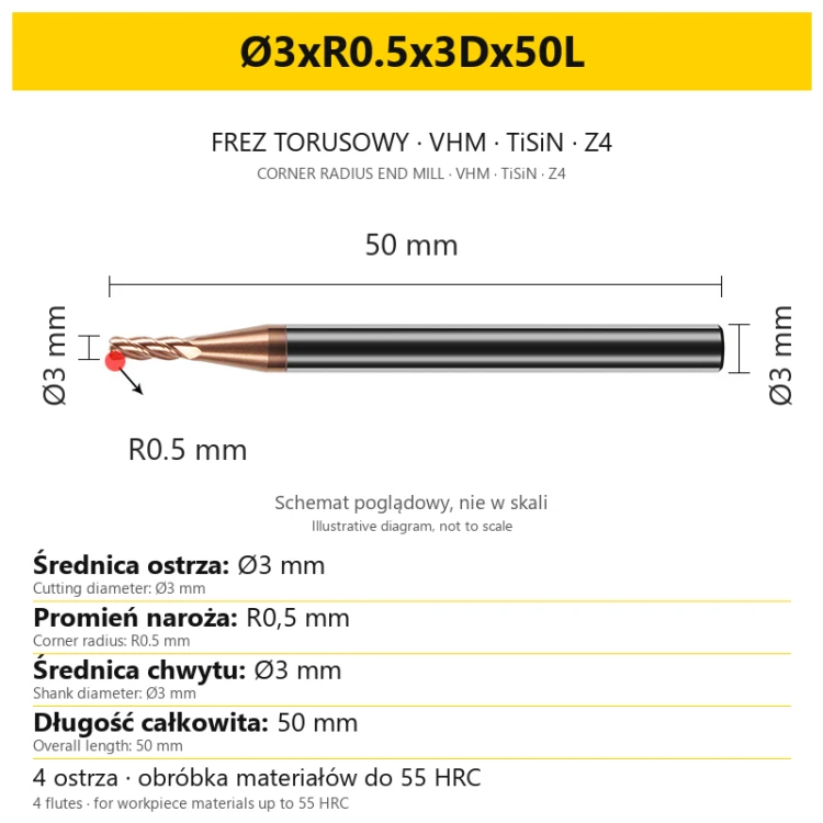 Frez torusowy VHM TiSiN Z4 Ø3xR0.5x3Dx50L — wymiary wariantu