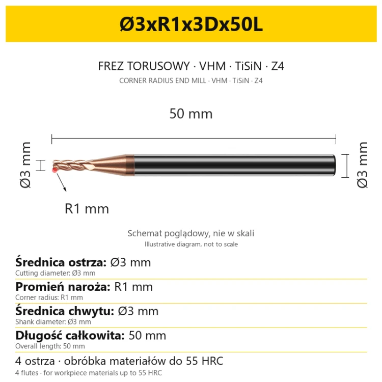 Frez torusowy VHM TiSiN Z4 Ø3xR1x3Dx50L — wymiary wariantu