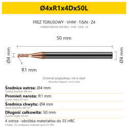 Frez torusowy VHM TiSiN Z4 Ø4xR1x4Dx50L — wymiary wariantu