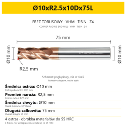 Frez torusowy VHM TiSiN Z4 Ø10xR2.5x10Dx75L — wymiary wariantu