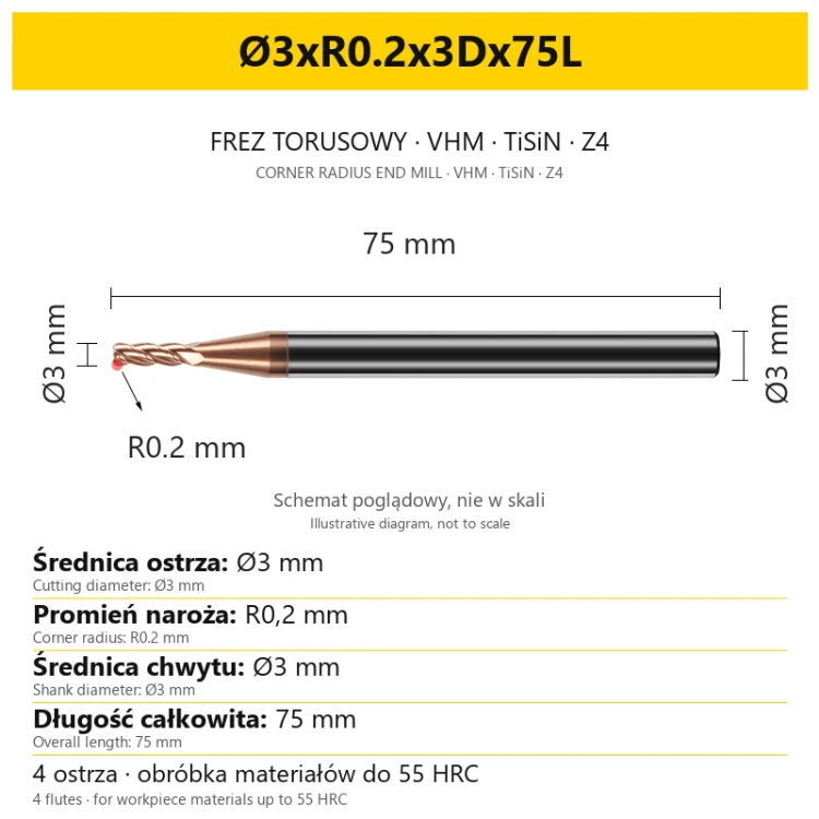 Frez torusowy VHM TiSiN Z4 Ø3xR0.2x3Dx75L — wymiary wariantu