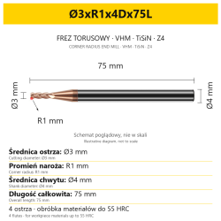Frez torusowy VHM TiSiN Z4 Ø3xR1x4Dx75L — wymiary wariantu