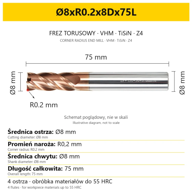 Frez torusowy VHM TiSiN Z4 Ø8xR0.2x8Dx75L — wymiary wariantu