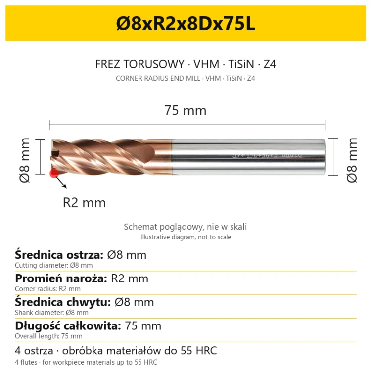Frez torusowy VHM TiSiN Z4 Ø8xR2x8Dx75L — wymiary wariantu