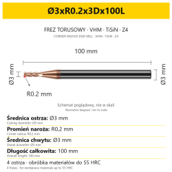 Frez torusowy VHM TiSiN Z4 Ø3xR0.2x3Dx100L — wymiary wariantu