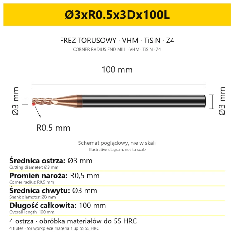 Frez torusowy VHM TiSiN Z4 Ø3xR0.5x3Dx100L — wymiary wariantu