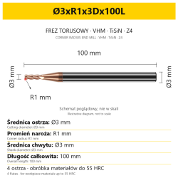 Frez torusowy VHM TiSiN Z4 Ø3xR1x3Dx100L — wymiary wariantu