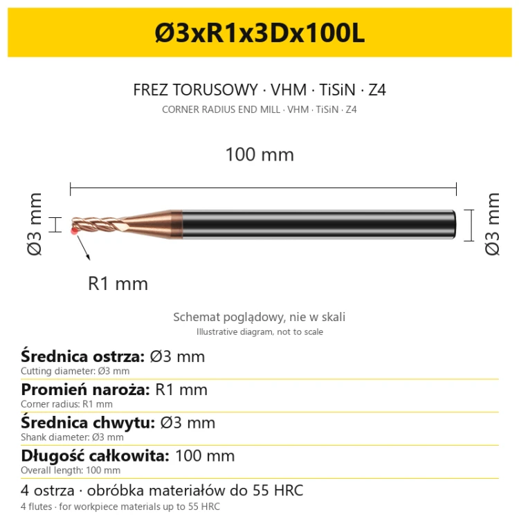 VHM TiSiN Z4 corner radius end mill Ø3xR1x3Dx100L — variant dimensions