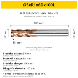 VHM TiSiN Z4 corner radius end mill Ø5xR1x6Dx100L — variant dimensions