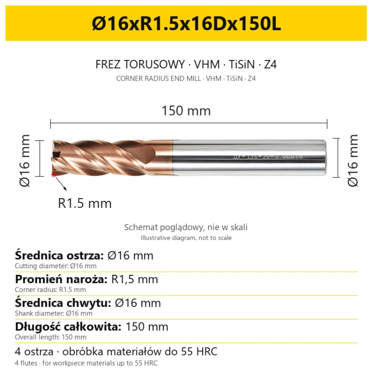 Frez torusowy VHM TiSiN Z4 Ø16xR1.5x16Dx150L — wymiary wariantu