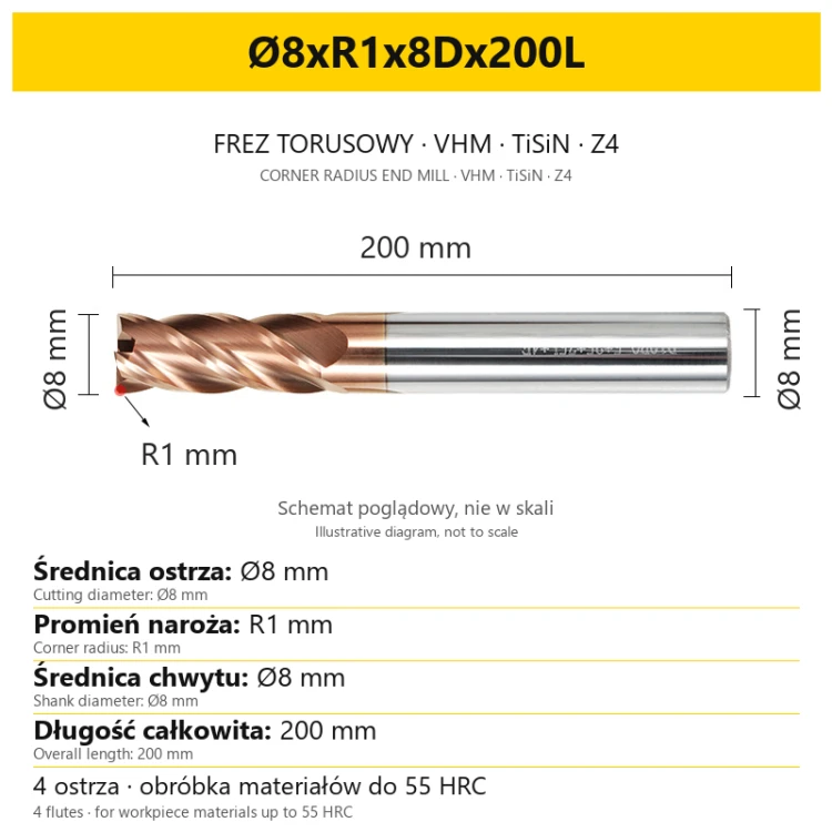 Frez torusowy VHM TiSiN Z4 Ø8xR1x8Dx200L — wymiary wariantu