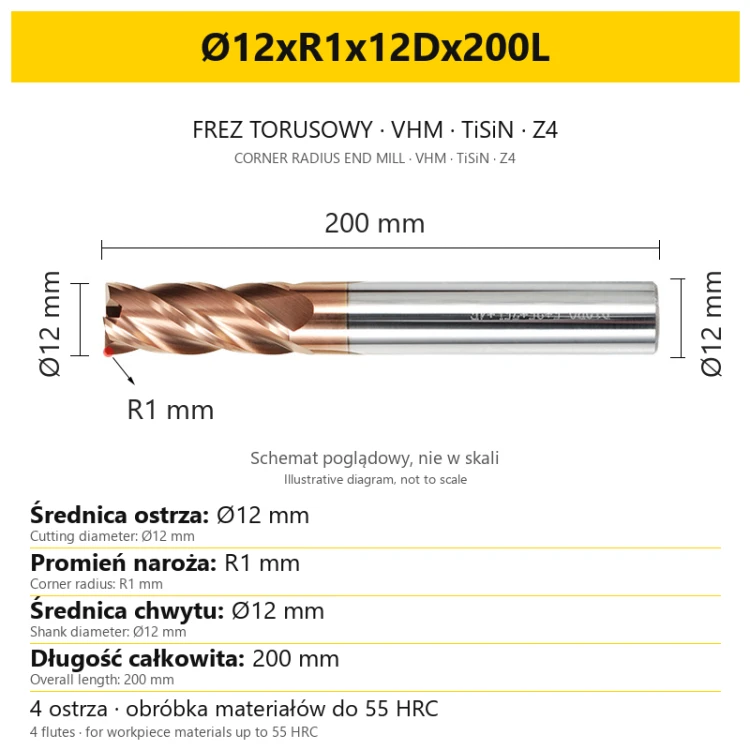 Frez torusowy VHM TiSiN Z4 Ø12xR1x12Dx200L — wymiary wariantu