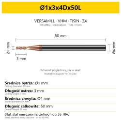 VERSAMILL TiSiN Z4 end mill Ø1x3x4Dx50L — variant dimensions