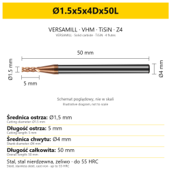 VERSAMILL TiSiN Z4 end mill Ø1.5x5x4Dx50L — variant dimensions