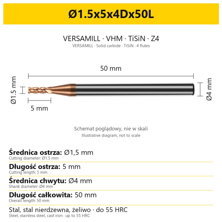 VERSAMILL TiSiN Z4 end mill Ø1.5x5x4Dx50L — variant dimensions