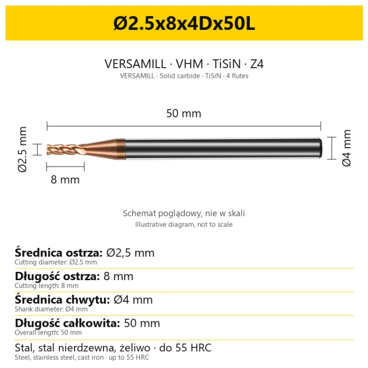 VERSAMILL TiSiN Z4 end mill Ø2.5x8x4Dx50L — variant dimensions