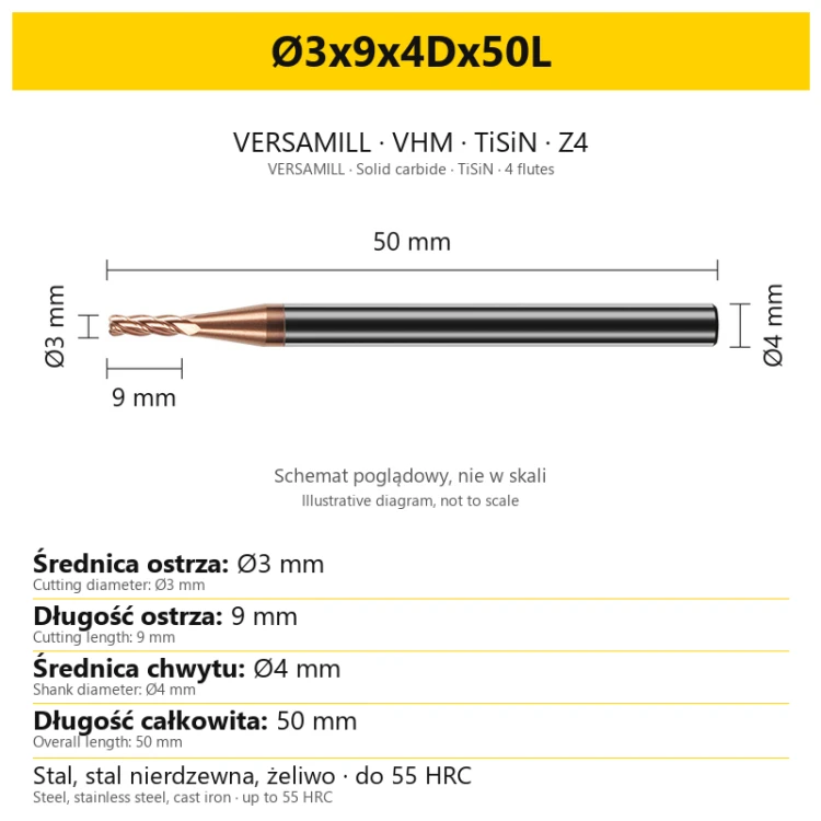 VERSAMILL TiSiN Z4 end mill Ø3x9x4Dx50L — variant dimensions