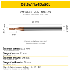 Frez VERSAMILL TiSiN Z4 Ø3.5x11x4Dx50L — wymiary wariantu