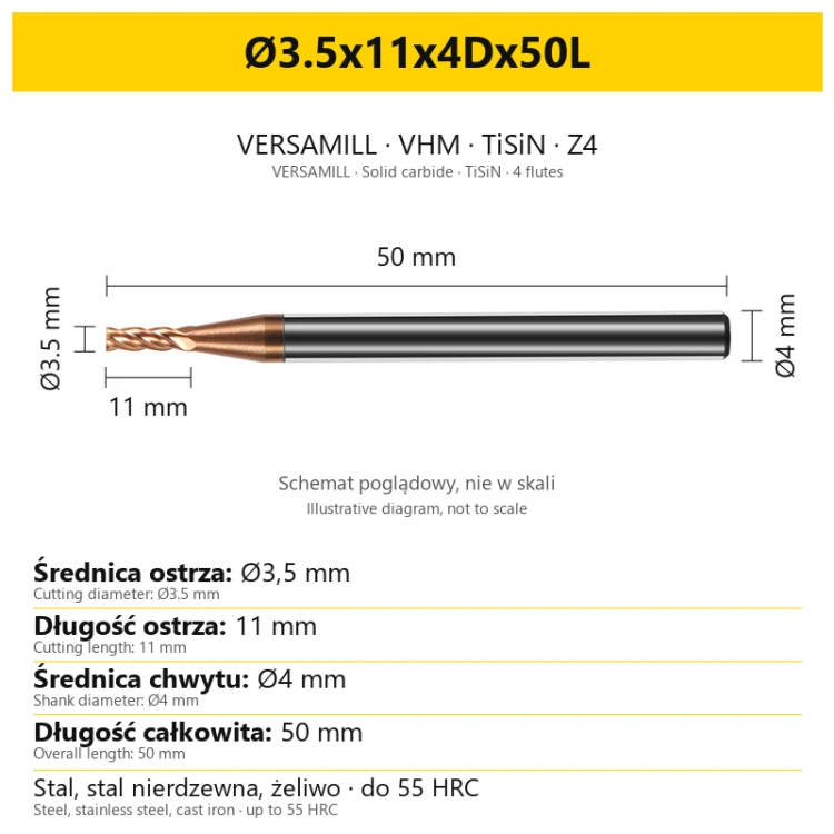 VERSAMILL TiSiN Z4 end mill Ø3.5x11x4Dx50L — variant dimensions