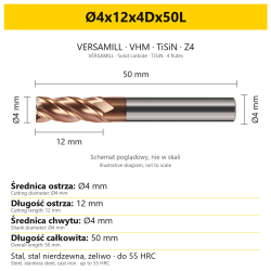 VERSAMILL TiSiN Z4 end mill Ø4x12x4Dx50L — variant dimensions