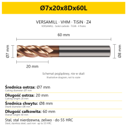 Frez VERSAMILL TiSiN Z4 Ø7x20x8Dx60L — wymiary wariantu