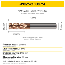 Frez VERSAMILL TiSiN Z4 Ø9x25x10Dx75L — wymiary wariantu