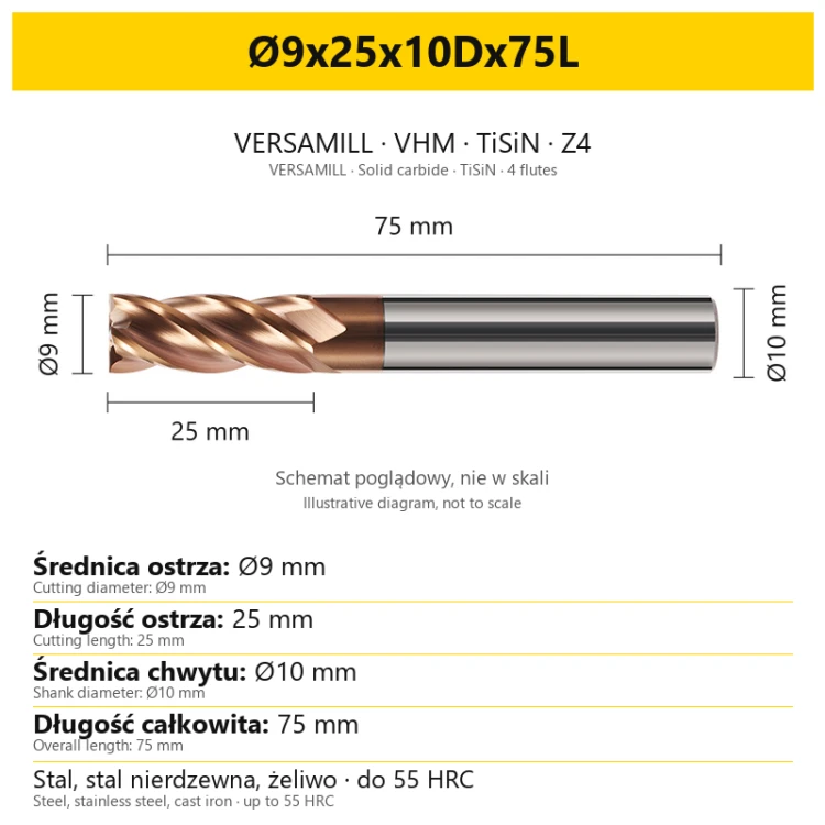 Frez VERSAMILL TiSiN Z4 Ø9x25x10Dx75L — wymiary wariantu