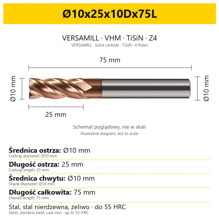 Frez VERSAMILL TiSiN Z4 Ø10x25x10Dx75L — wymiary wariantu