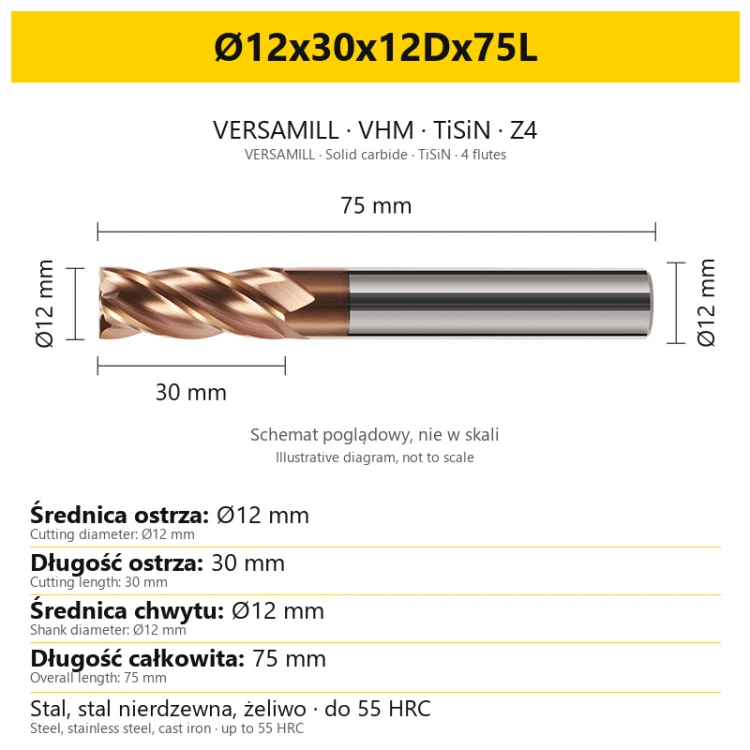 VERSAMILL TiSiN Z4 end mill Ø12x30x12Dx75L — variant dimensions